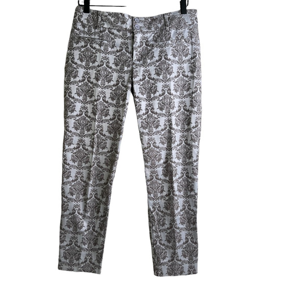 Anthropologie Cartonnier Womens Charlie Ankle Pants Ivory Brown Damask Stretch 0 - Picture 1 of 9